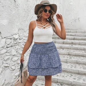 SHEIN VCAY Curve Ditsy Blue White Floral Two Layer Tier Ruffle Skirt Plus Sz 4XL